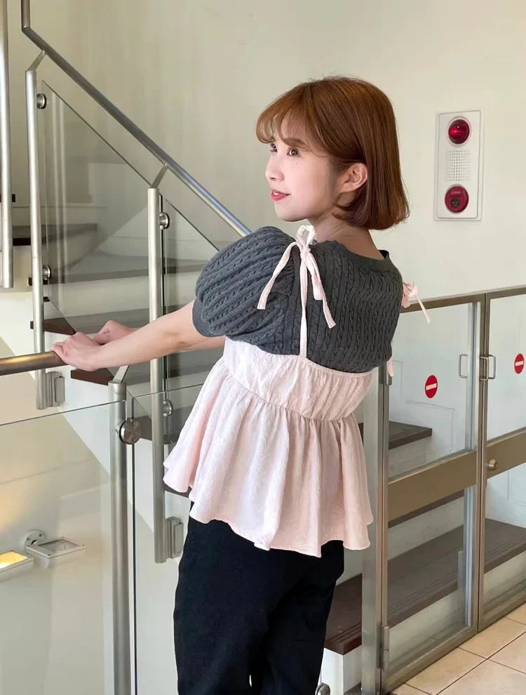 Japanese New Spring Ladies Sweet Bubble Short Sleeve Twist Knitted Top Sweater Letter Embroidered Pure Color Women's T-shirt