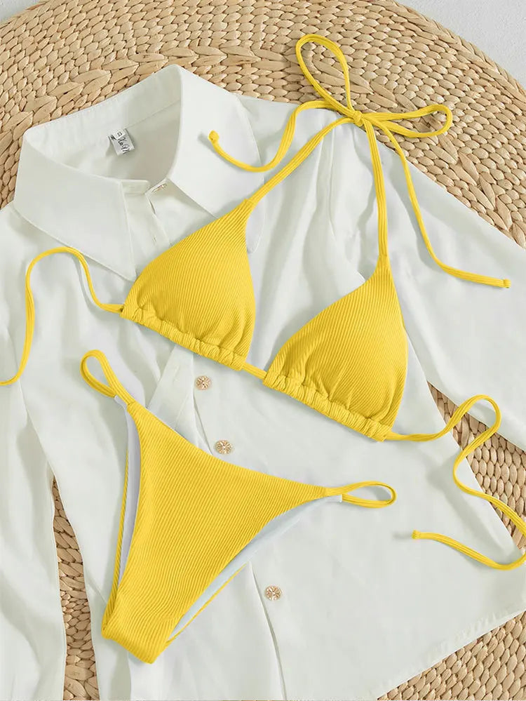 11 Colors Women Sexy Simple Solid Halter Bikini Swimsuit High Waisted Lace Up Beach Bathing Suit Special Pit Stripe Fabric 2024