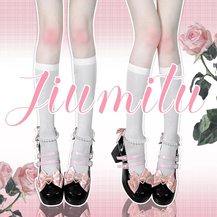 Lolita Shoes New Japanese Cute Round Head Pearl Bow Clips Leather Shoes Pumps Women Mary Jane Shoes High Heels Girls