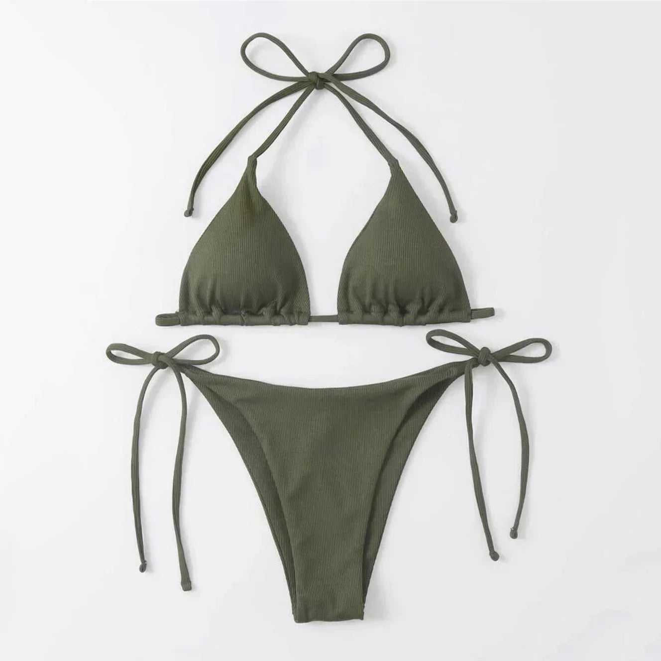 Brown Ribbed Swimwear String Halter Triangle Micro Bikini Thong Sexy Swimsuits Women Lace-up Bathing Suit Biquinis Bikinis Sets