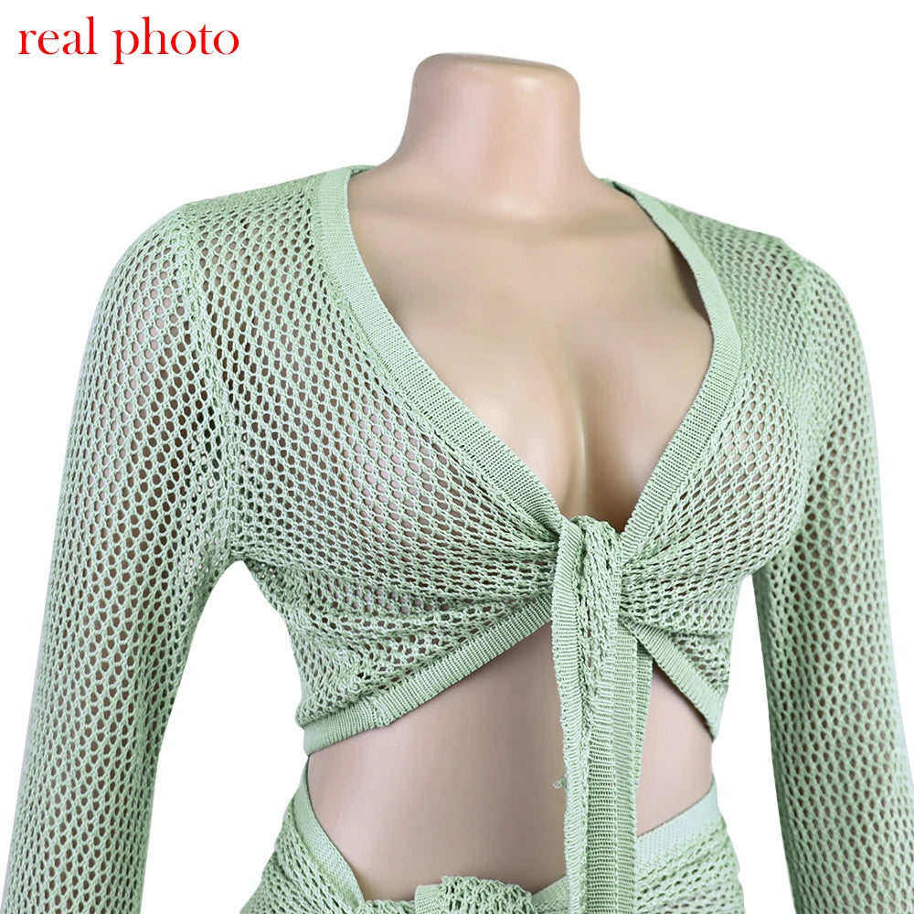 Cryptographic Hollow Out Knitted Top and Skirt Sets Outfits Women Elegant Summer Wrap Over Split 2 Piece Set Holiday Beachwear