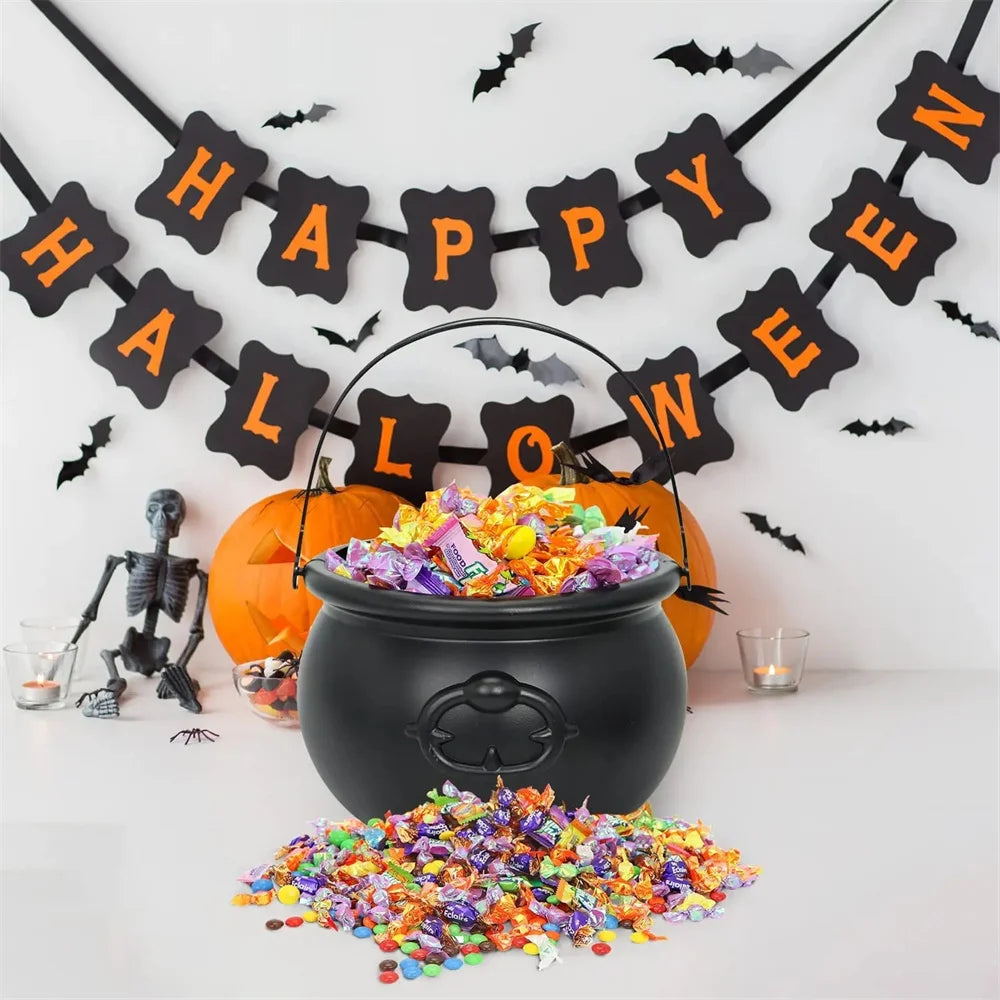 Halloween Candy Bucket Jar Trick Or Treat Black Plastic Cauldron Witch Bowls with Handle Halloween Party Decorations Props