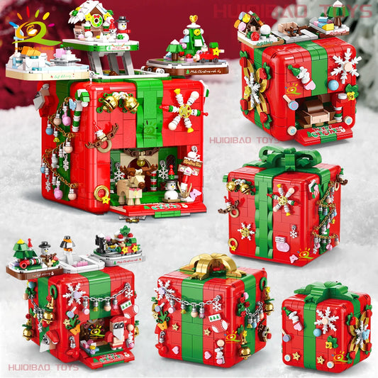 HUIQIBAO Christmas Gift Surprise Mechanism Box Model Building Block DIY Elk Snowman Bricks Ornament Toys for Children Adult
