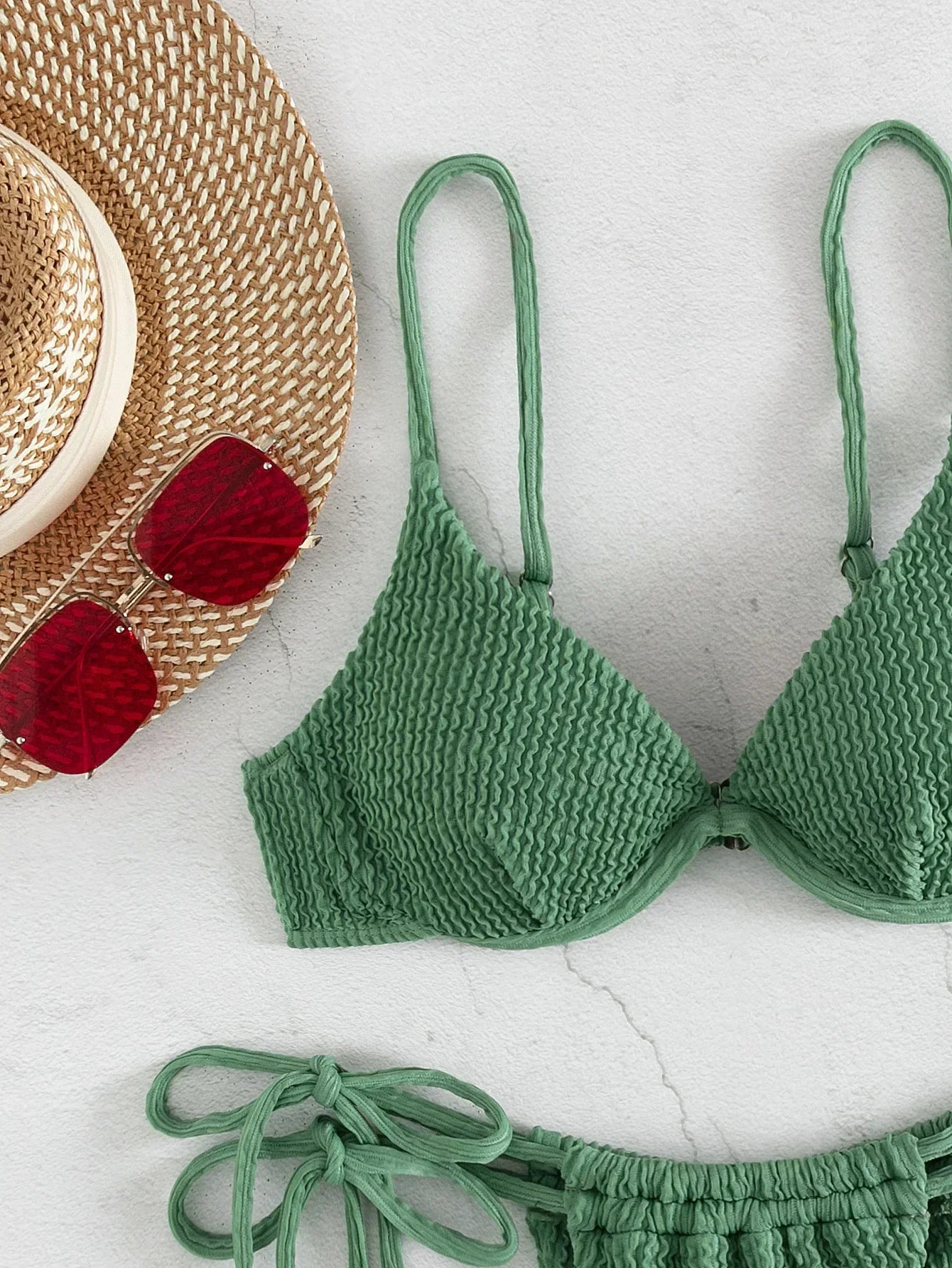 Underwire Push Up Bikinis Women Solid Green Swimwear 2024 Ribbed Cut Out Beach Bathing Suit Tie Side Triangle Swimsuit Biquini