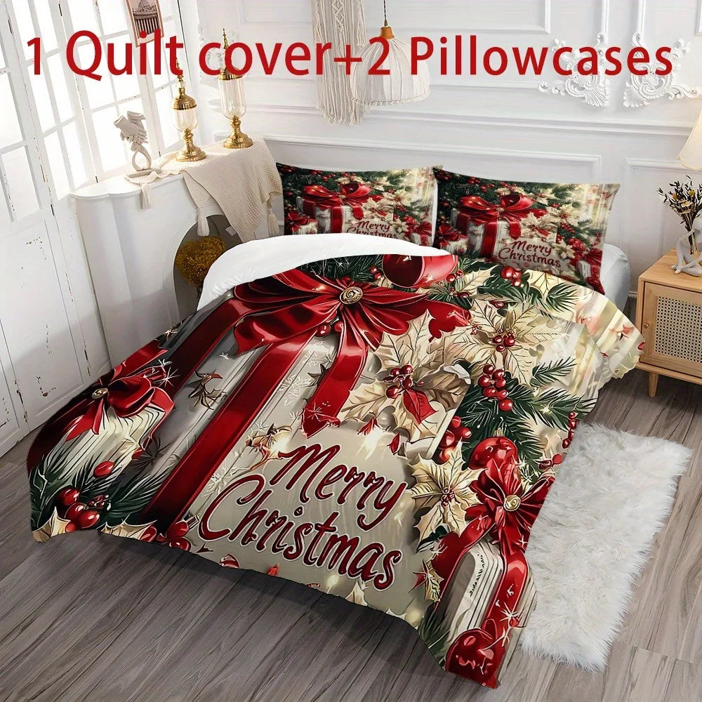 Christmas Bedding Set Red Bow Flowers Printed Cozy Duvet Cover King Queen Twin Single Size New Year Christmas Gift Bedroom Decor