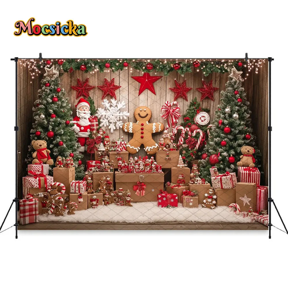Mocsicka Christmas Gift Room Background for Winter Kid Photography Xmas Tree Gingerbread Man Snowy Backdrop Decor Photo Studio