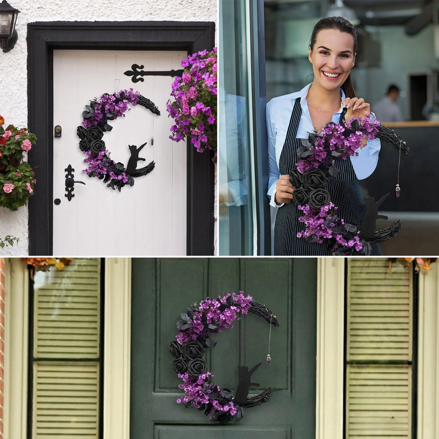 Halloween Moon Cat Garland with Rose Black Decorations Halloween Garland Halloween Wreath for Front Door Halloween Door Decor