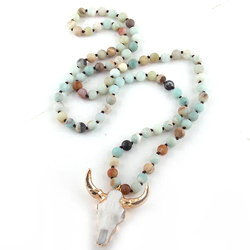 Fashion Bohemian Jewelry  Long Knotted Stone Beads 3 Color Horn Pendant Necklace For Women Ethnic Necklace