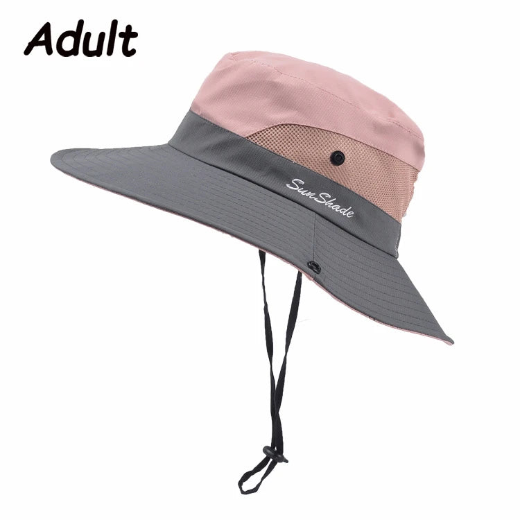 Women Summer Adjustable Bucket Hat with a Ponytail Hole Girls Sun Protection Hiking Cap Parent-child Outdoor Wide Brim Headgear