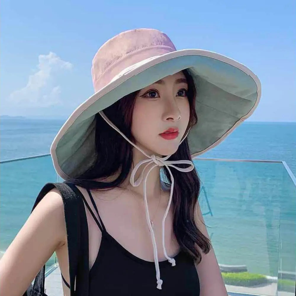 Solid Color Wide Brim Sun Hat Korean Style Anti-UV Sun Protection Hat Fisherman Hat with Neck Rope Women Bucket Hat Ladies