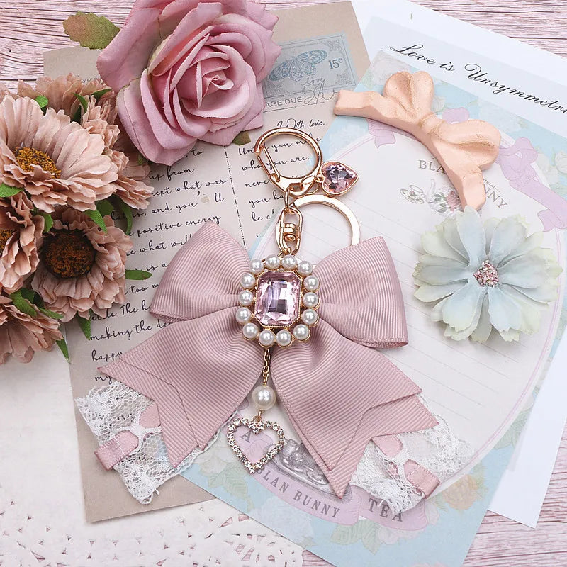Japanese Sweet Cute Handmade Rhinestone Bow Hairpin Pearl Lace Hairclips Lolita Women Girls Side Clip Bag Pendant Handbag Charms