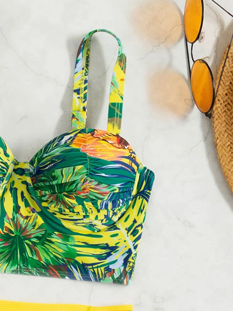 Cikini-Tropical Print Criss Cross Push Up Bikinis Set, High Waist Split Swimwear, Summer Swimsuit, Bathing Suit for Women, 2 Pcs