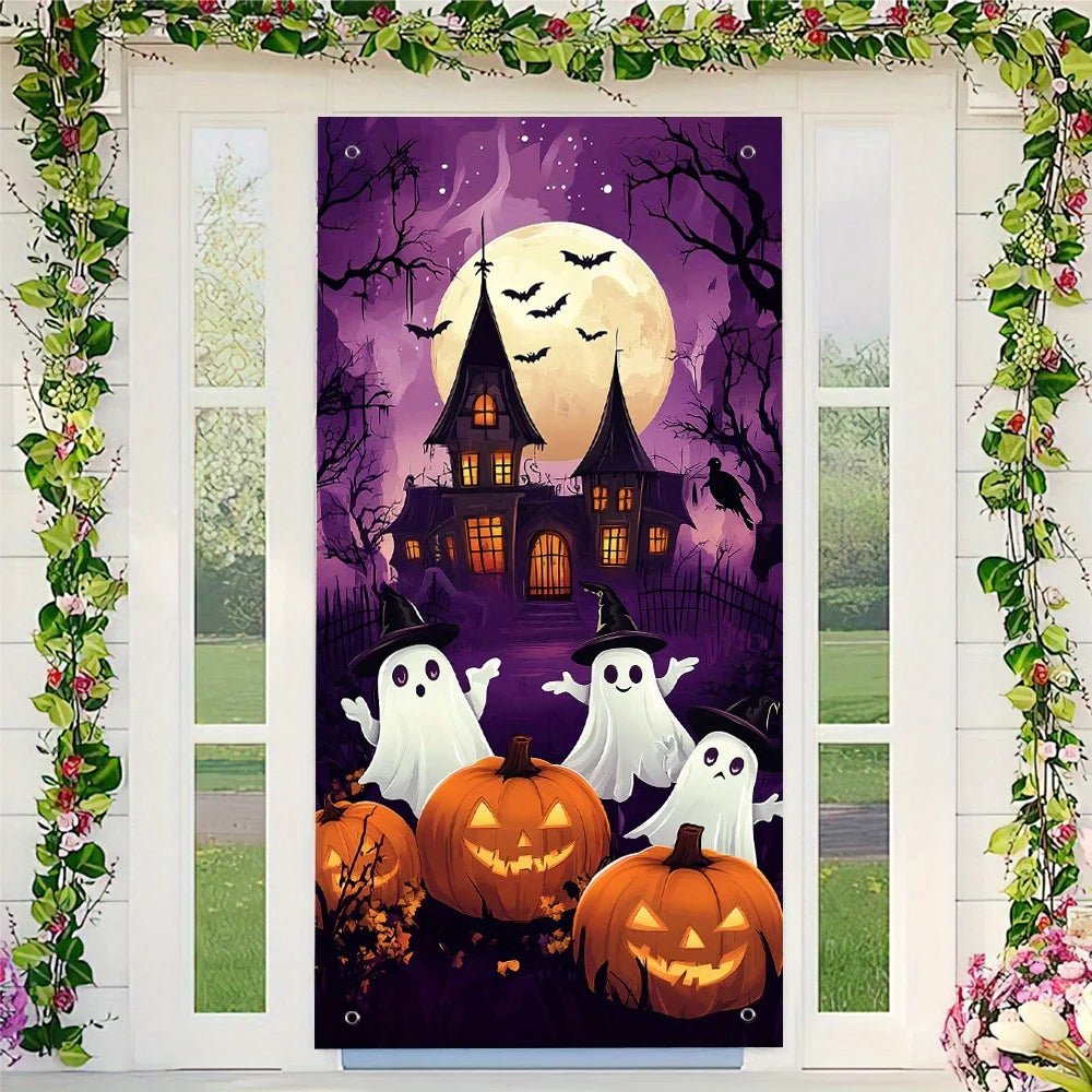2D FLAT banner background fabric banner Party decoration Halloween door frame Pumpkin and bat pattern, party decoration banner