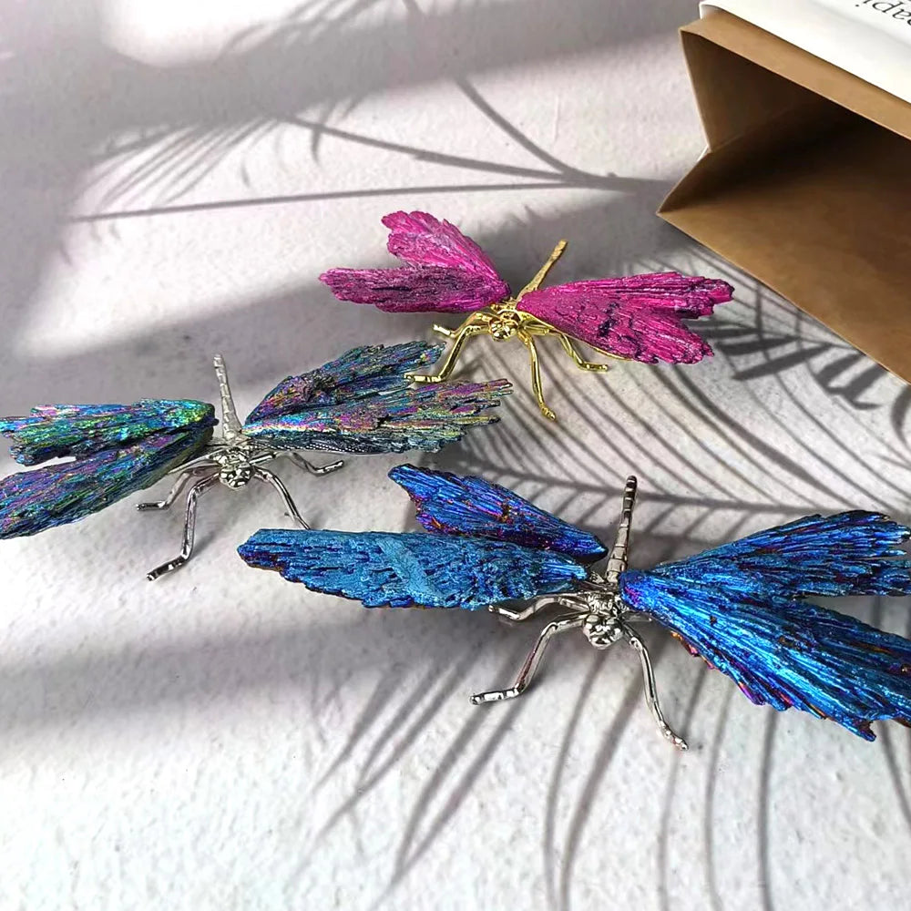Rainbow Electroplated Black Tourmaline Kyanite Dragonfly Natural Crystal Aura Quartz Mineral For Home Decor Ornaments Gifts