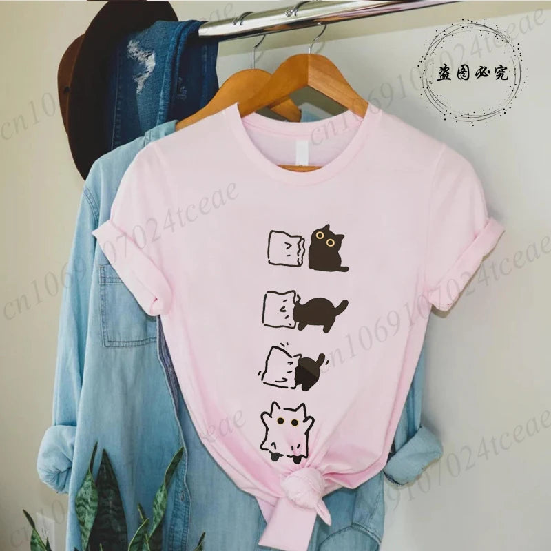 Boo Black Cat Print Women T-shirt Fashion Summer Tee Clothing Short Sleeve Harajuku Streetwear Casual Shirt Halloween Tee Tops