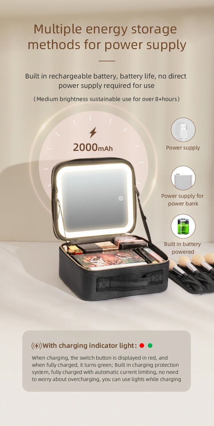Makeup Travel Train Case with LED Lighted Mirror, 3 Color Adjust Settings, Travel Makeup Bag With Adjustable Dividers,
