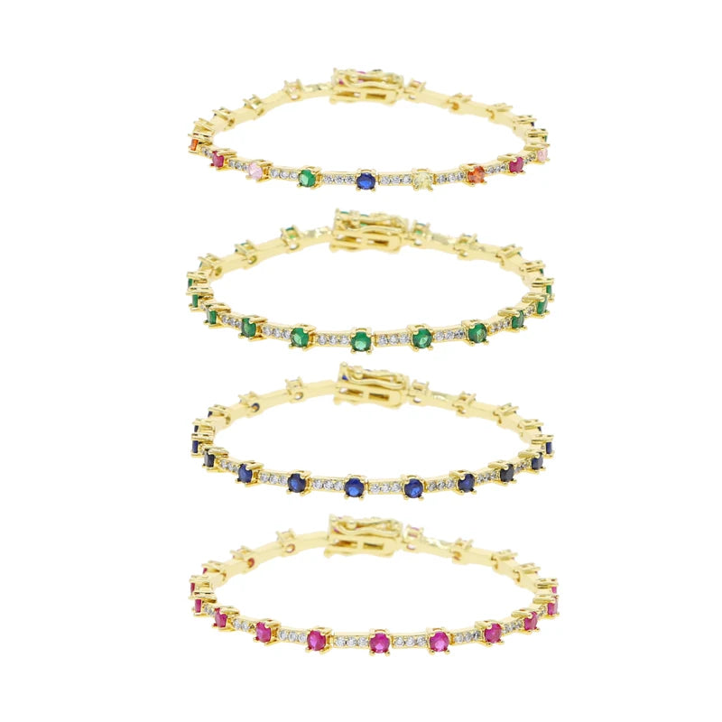 Gold Color Colorful Fashion Women Jewelry Rainbow Blue Red Green CZ Bar Geometric Charm Link Chain Bracelet
