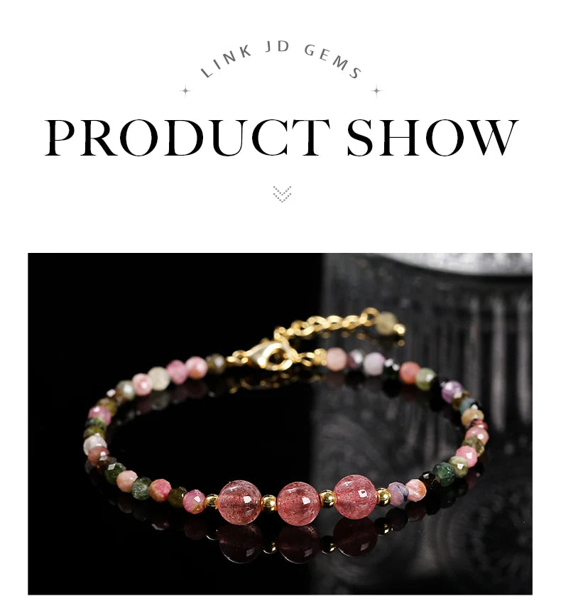 JD Natural Stone Faceted Rainbow Tourmaline Strawberry Quartz Bracelet Women Luxury Thin Adjustable Reiki Healing String Jewelry
