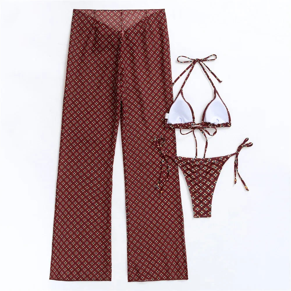 Sexy Floral Print Swimwear 3 Piece Bikini Set with Trousers Swimsuits Women 2025 Micro Thong Bikinis De Mujer Beach Wear Bather