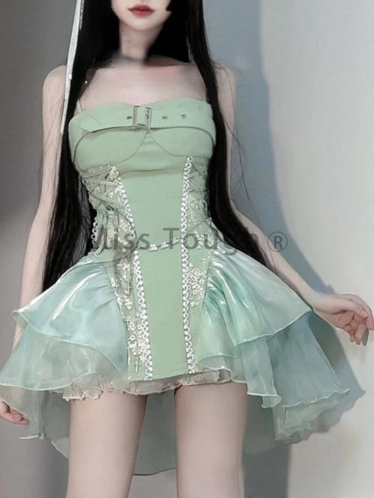 Summer Sweet Lace Sleeveless Dress Women Ruffle Cute Skinny Backless Dresses Female Strappy Kawaii A Line Party Beach Clothing