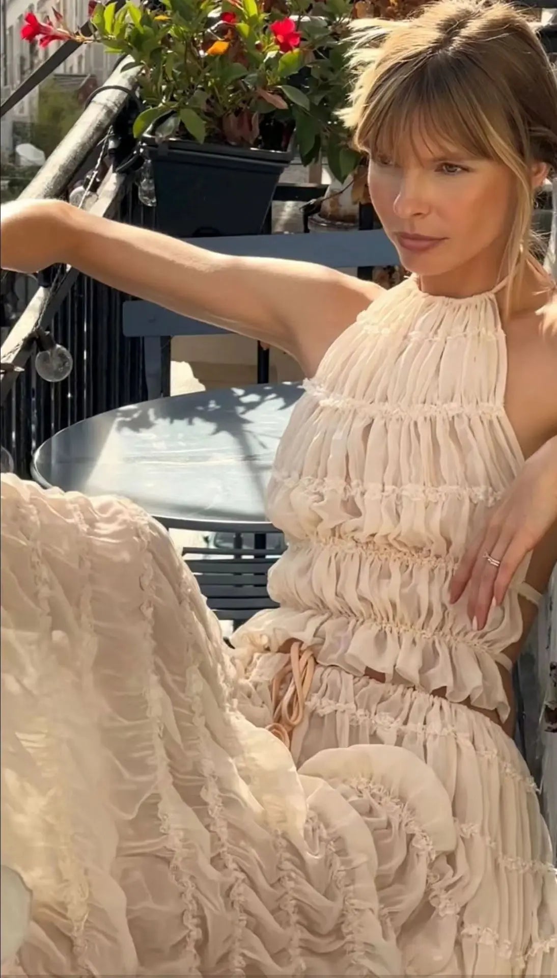 Solid Hang Neck Long Skirt Suit For Women Halter Backless Sling Top Lace Up Fold Maxi Skirt 2024 Hot Fashion Female 2 Piece Set