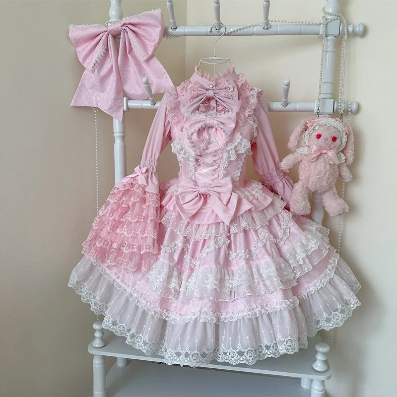 Super Fairy Lolita Dress Set New Spring and Autumn Sweet Girl Women's Flower Lace Bow Shirt Princess Jsk Suspender Dress