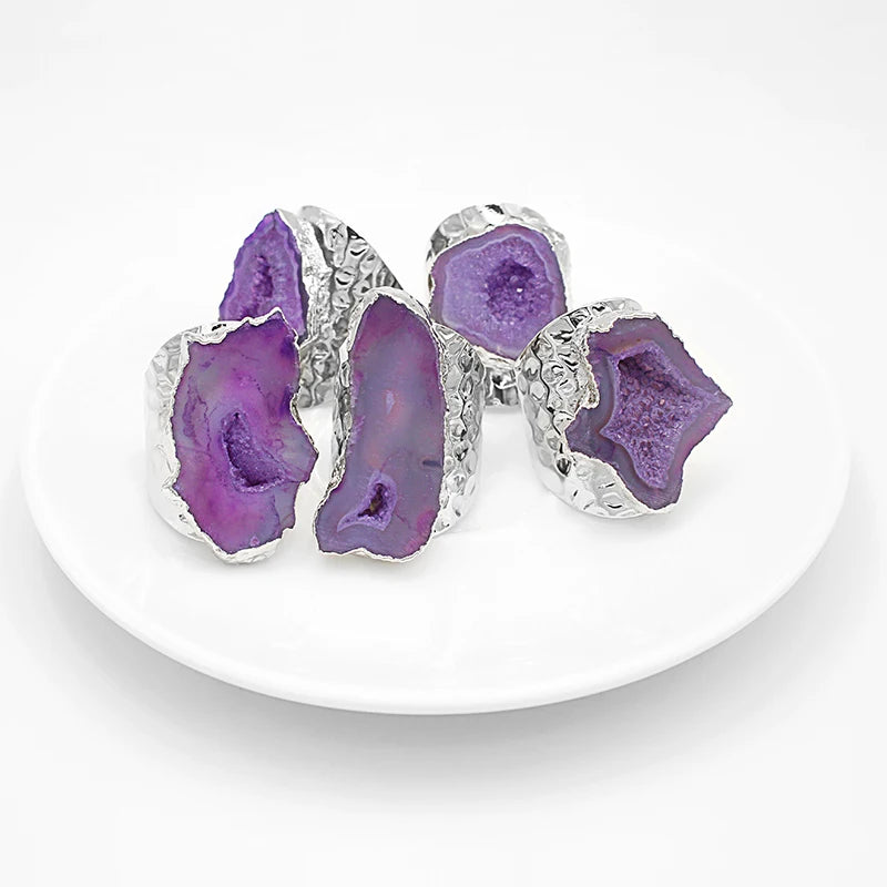 Irregular Geode Stone Agate Slices Open Ring for Women Girls  Silver Color Boho Resizable Finger Jewelry