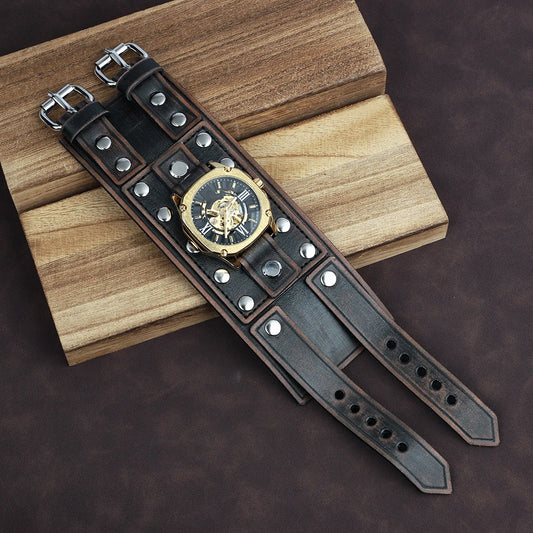 Vintage Punk Leather Cuff Strap 20mm Men's Wrist Watch Band with Mat Double Buckle Rivet Watchband Bracelet Watches Accessories