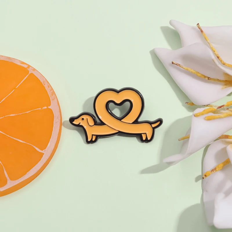 Cute Cartoon Dachshund Enamel Brooch Creative Love Heart Animal Sausage Dog Lapel Pin Badge Backpack Clothing Hat Accessories