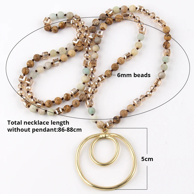 Fashion Bohemian Jewelry Accessory 6mm Stones/Crystal Knotted With Metal Round Pendant Necklaces Women Boho Gift