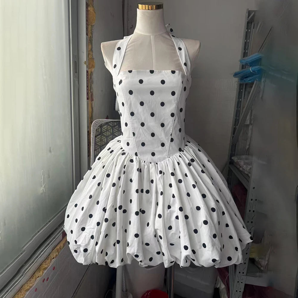 VGH Sexy Temperament Tunic Ball Gown for Women Halter Sleeveless Patchwork Lace Up Short Prom Dresses Female Clothing Fashion