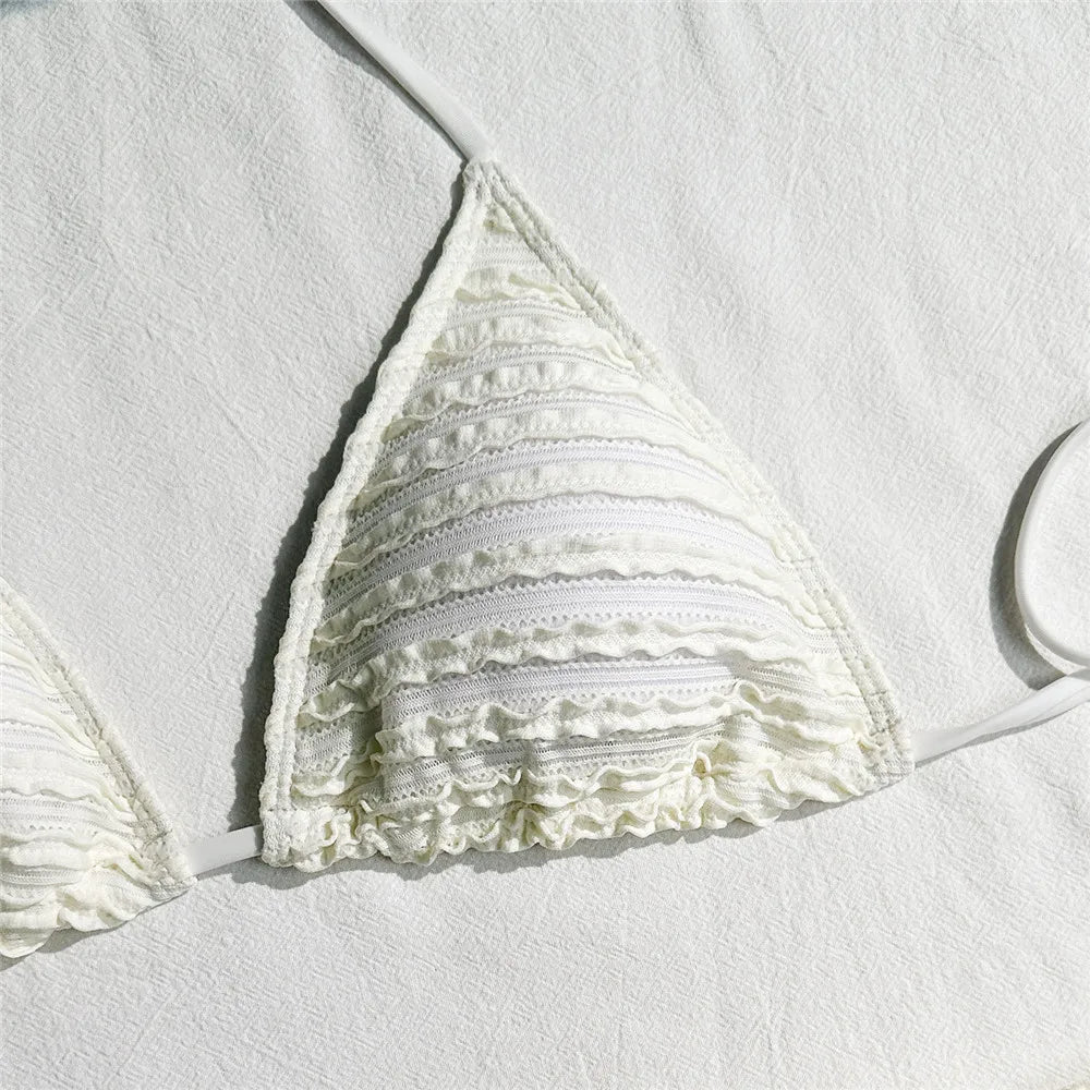 Khaki Fold Swimwear for Women 3 Piece Bikini Set Cover Up Micro Thong Sexy Swimsuit Beach Wear String Halter Triangle Bikinis