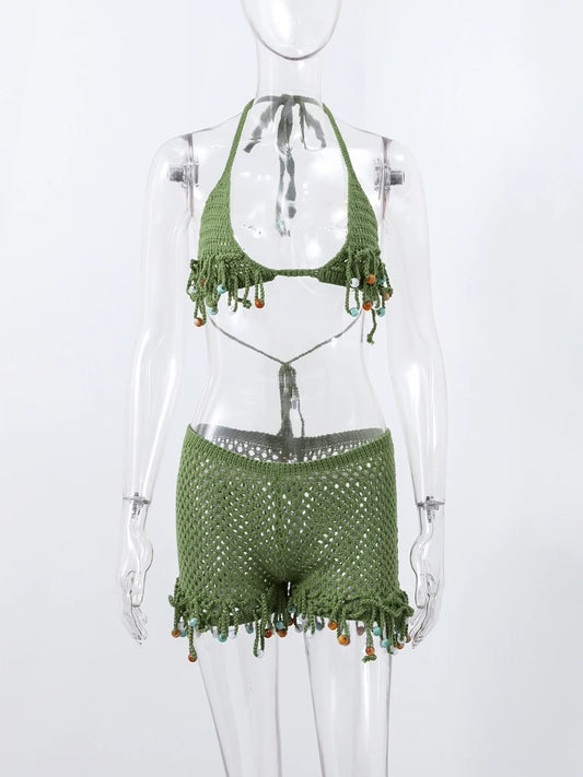 Sexy Beach Knit Women's Sets Crochet Flower Bikini Mini Skirt Female Suits 2025 Summer Halter Sleeveless Backless Top Skirts Set