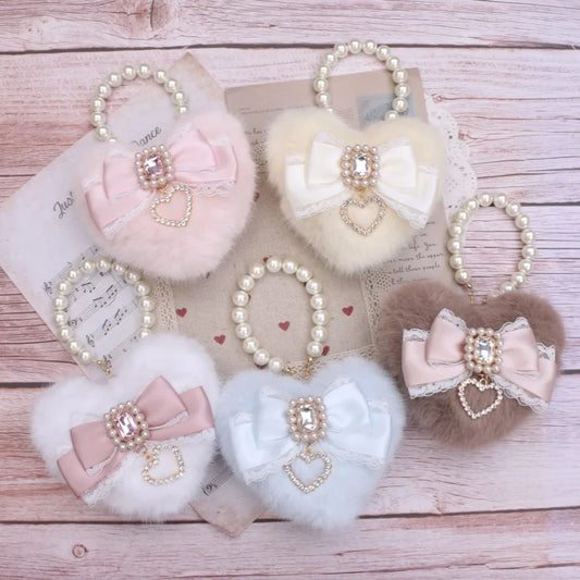 Romantic Bag Ornament Plush Heart Pearls  Keychain Bag Decor Keyring Sweet Ita Bag Pendant Handmade Bow Accessories Keychain