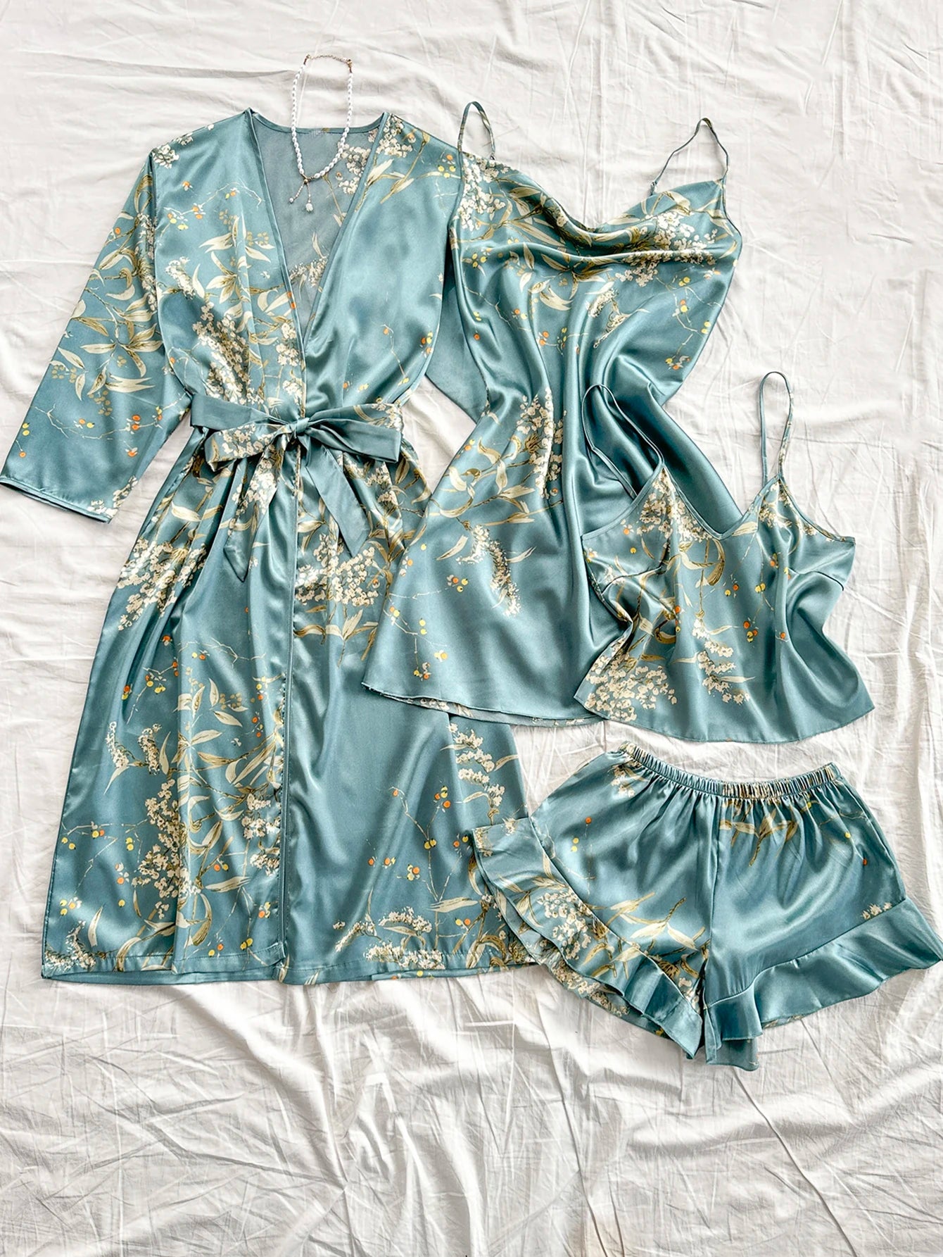 Summer irregular cherry print comfortable bathrobe and halter shorts sexy women's pajama four-piece set