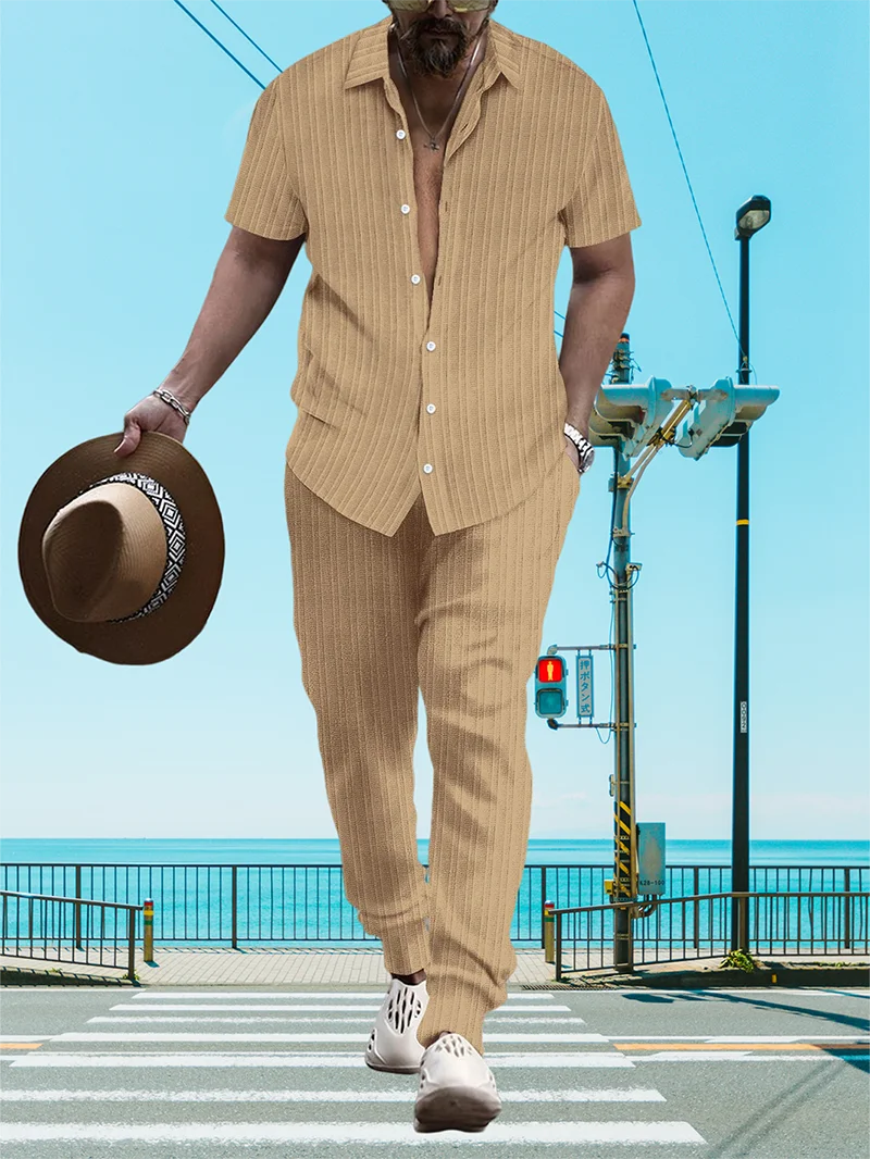 Ultra-thin Ultra-light Summer Men's Shirt Casual Loose Short Sleeve + Trousers Beach Suit Surf Casual Solid Color Lapel Suit