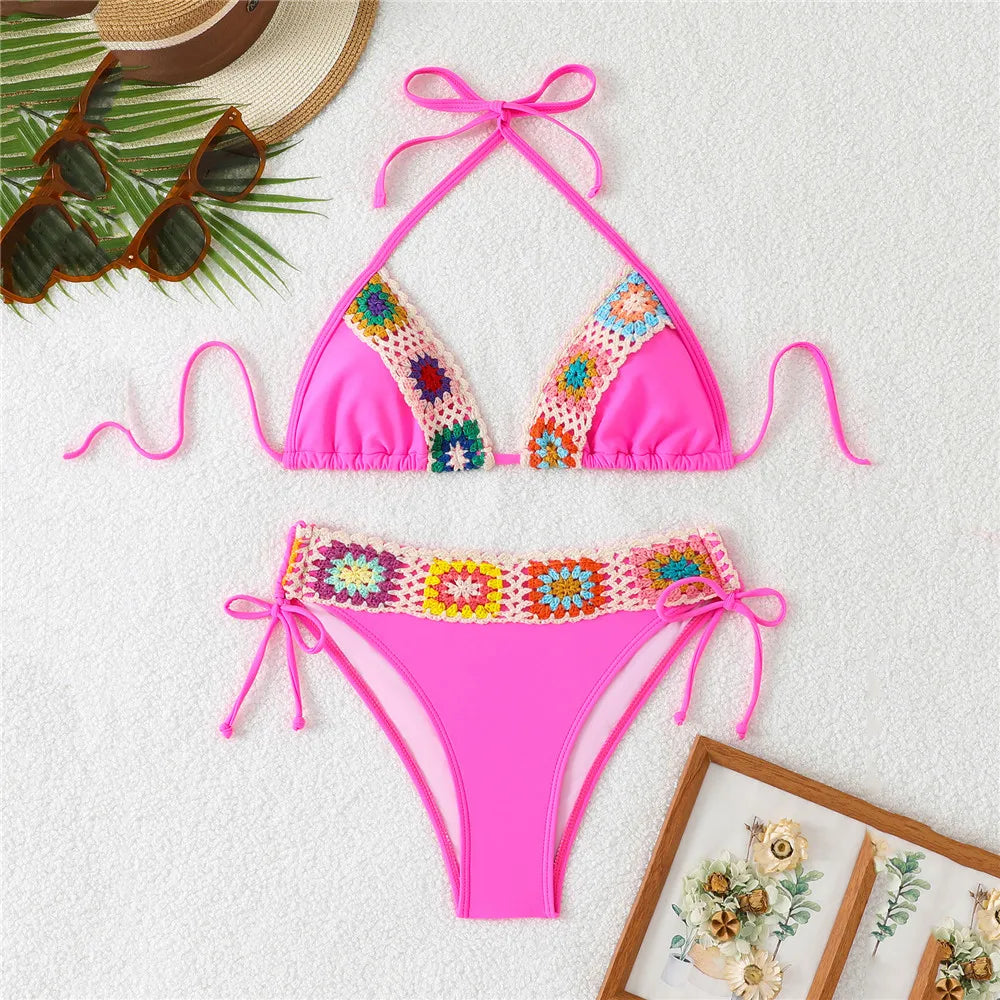 Black Thong Micro Knitted Crochet Bikini 2025 String Halter Swimwear Sexy Swimsuit Women Lace-up Bathing Suit Black Bikinis Sets