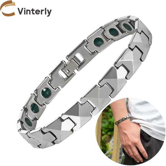 Vinterly Arrow Bracelets Tungsten Carbide Green Tourmaline Health Energy Link Chain Jewelry for Men Waterproof Anti-scratch 21cm