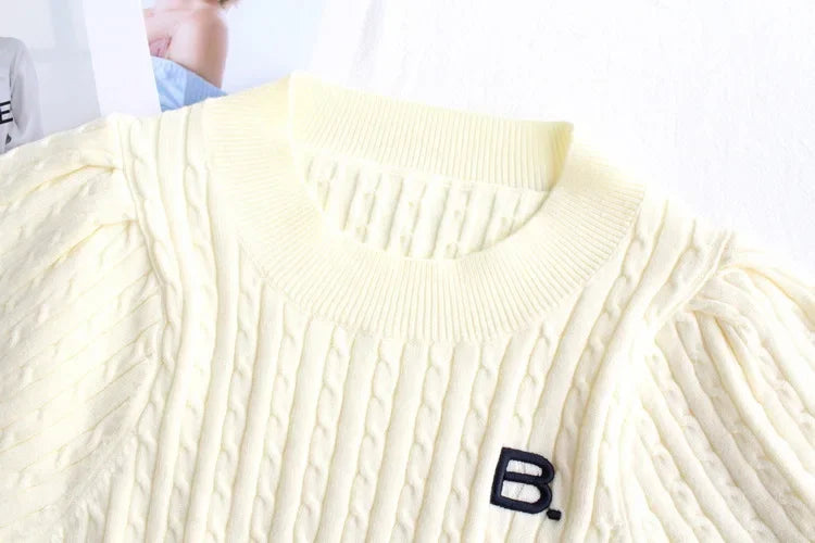 Japanese New Spring Ladies Sweet Bubble Short Sleeve Twist Knitted Top Sweater Letter Embroidered Pure Color Women's T-shirt