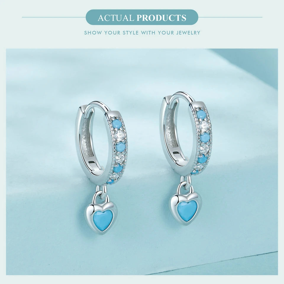 WOSTU 925 Sterling Silver Blue Heart-shaped Turquoise Hoop Earrings For Women Shiny CZ Drop Dangle Earrings Pendientes Jewelry