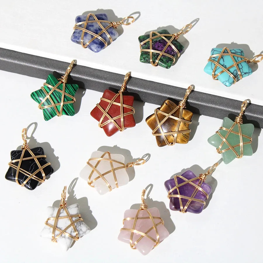 20Pcs Natural Stone Crystal Star Pendant Hand Wired Wrap Gemstone Charm for DIY Necklace Jewelry Making Christmas Gift accessory