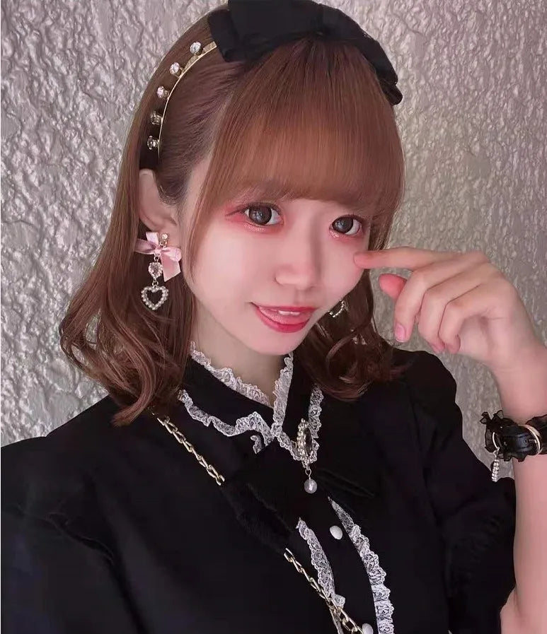 Japanese Style Lolita Sweet Bownot Rhinestone Pearl Heart Shaped Drop Earrings 925 Silver Pin Ear Clip Women Girls Earrings