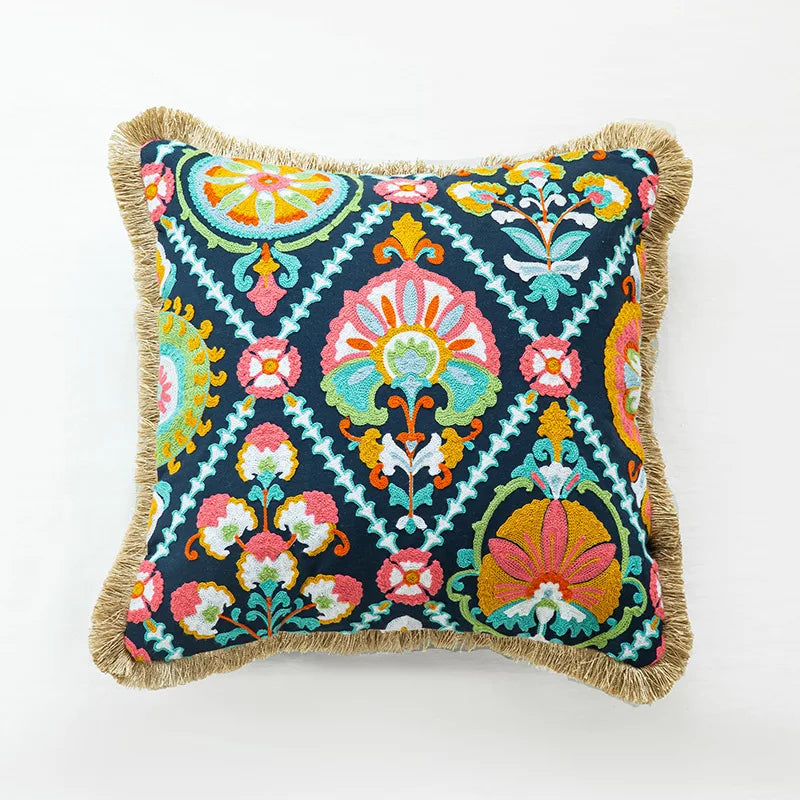 Nordic Ethnic Style Cushion Cover Cotton Moroccan Handmade Embroidery Cotton Tassel Throw Pillow Cover Living Room Home Decor