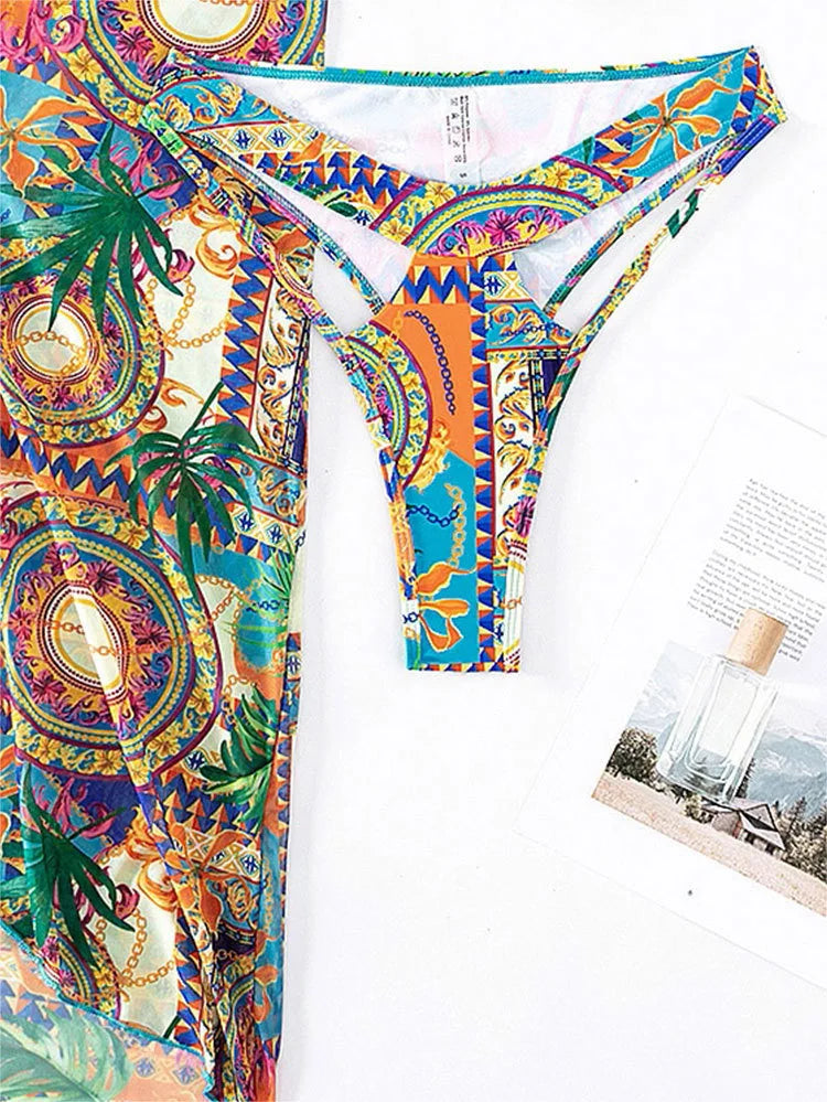 Cikini-One Shoulder Mesh Beach Skirt for Women, Sexy Bikinis Set, Summer Swimsuit, Bathing Suit, Three Piece