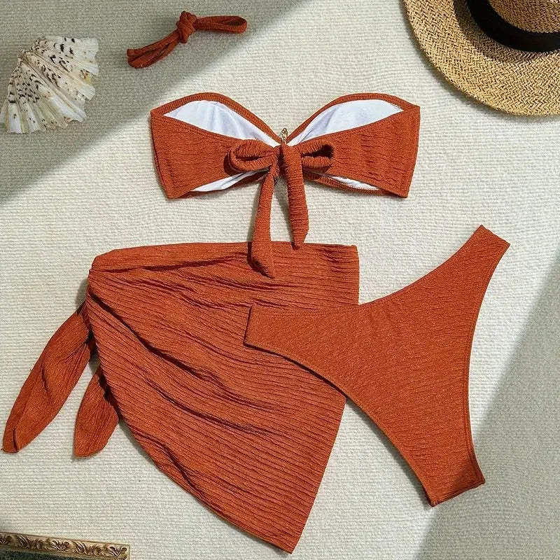 Sexy Metal Starfish Bikinis Set Women Brown Bandeau Push Up Mesh Skirt 3 Piece Swimsuit 2025 Beach Bathing Suit Holiday Swimwear