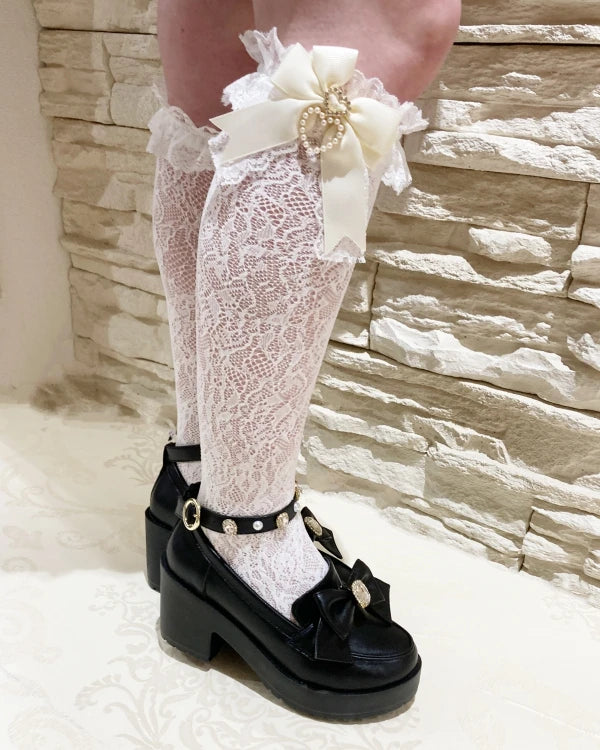 Handmade Sweet Lolita Bow Pearl Heart Pendant Lace Mid-Calf Socks Japanese Style Cotton Lace Socks Girls Women