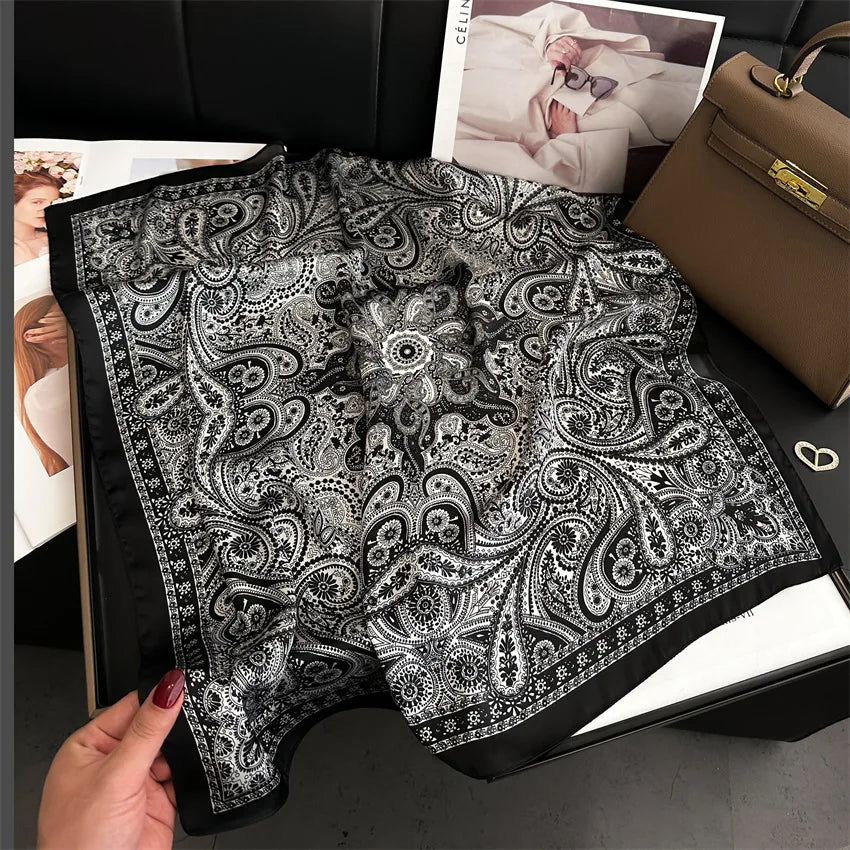 Imitated Silk Headcloth Fashion Flower Print Square Shawls Popular 70X70cm Bandanna Kerchief Sun Protection Silk Scarves Tie Bag