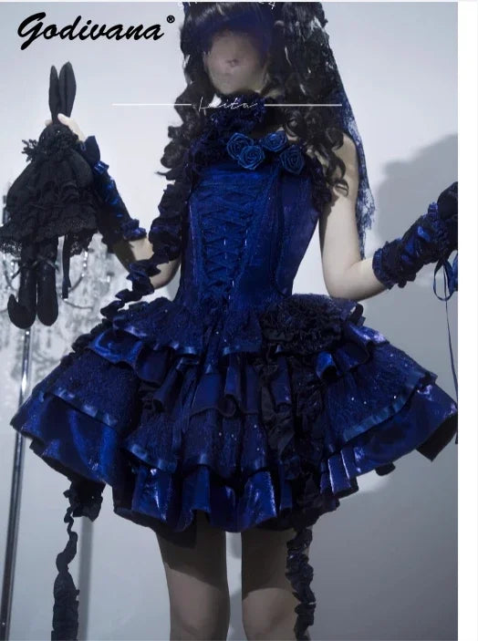 Original Lolita Dress New Christmas New Year Goth Red Fish Bone Jsk Dress Halloween Cosplay Dark Blue Slim Sling Short Dresses
