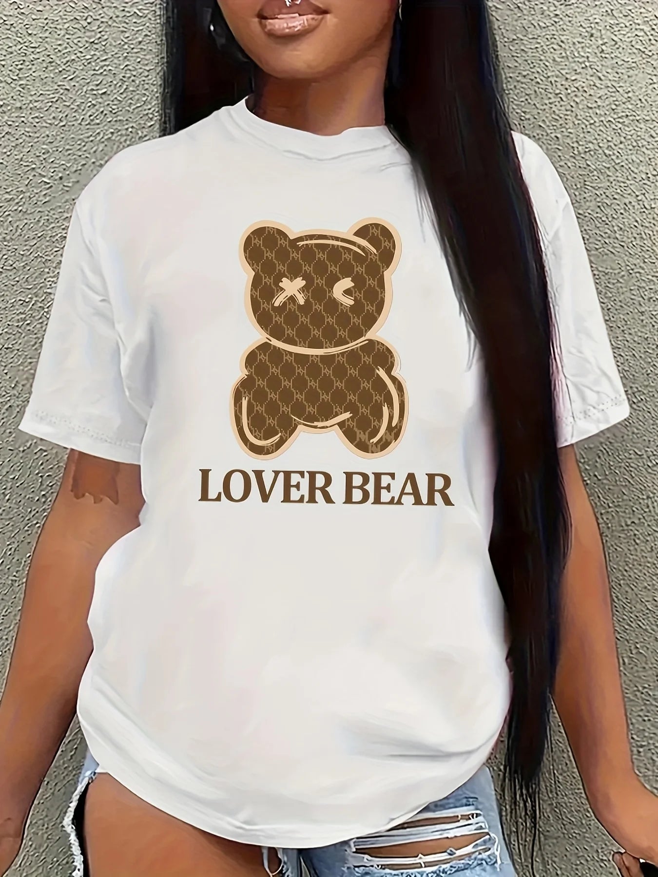 Bear & Letter Print Crew Neck T-Shirt, Casual Short Sleeve Top For Spring & Summer, Women's Clothing