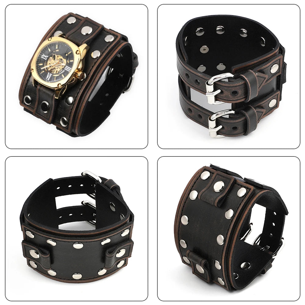 Vintage Punk Leather Cuff Strap 20mm Men's Wrist Watch Band with Mat Double Buckle Rivet Watchband Bracelet Watches Accessories